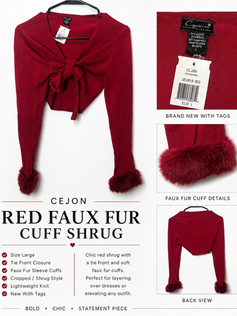 Cejon Deep Red Faux Fur Cuff Cropped Shrug